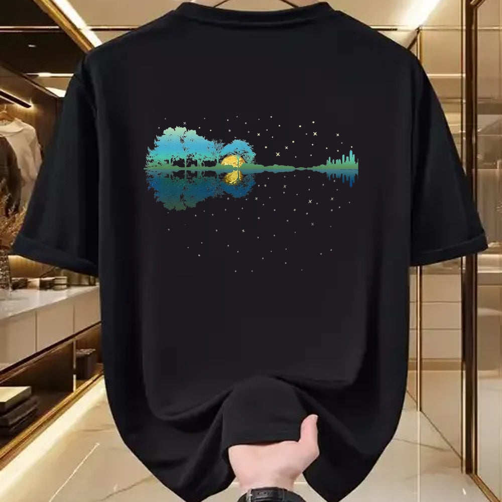 Guitar Lover Shirt, Funny Guitar UnisexT-Shirt/Hoodie/Sweatshirt HLT00 - Guitar Lake Reflections Night Sky and Moon Guitar T-Shirt, Men, Black, 3X-Large