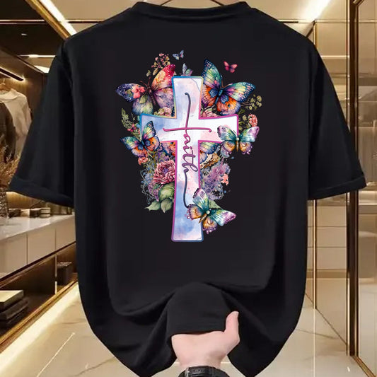 Christian Tee, Christian Faith Unisex T-Shirt/Hoodie/Sweatshirt HLT00 - Faith-Cross Floral Butterflies Christ Flowers Religious T-Shirt