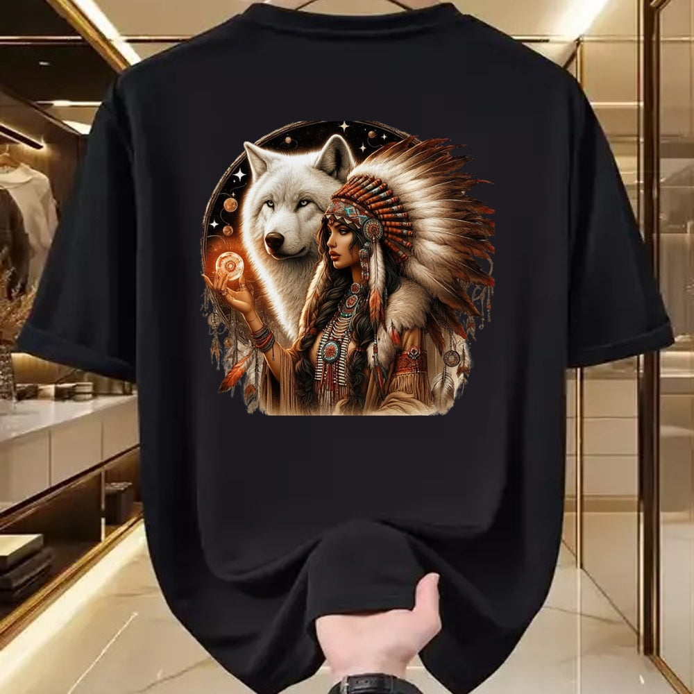 Native American T-Shirts, Vintage Native American Unisex T-Shirt/Hoodie/Sweatshirt HLT00 - Indian Native American Woman With White Wolf Vitage Gifts