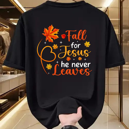 Best Thanksgiving Family Shirt , Funny Thanksgiving UnisexT-Shirt/Hoodie/Sweatshirt HLT00 - Fall for Jesus He Never Leaves Christian Faith Cross Pumpkin T-Shirt