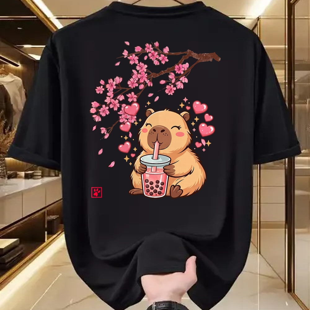 Cute Capybara Shirt, Funny Capybara Unisex T-Shirt/Hoodie/Sweatshirt HLT00 - Cute Capybara Kawaii Anime Drinking Bubble Tea Sakura Japan T-Shirt