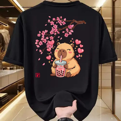 Cute Capybara Shirt, Funny Capybara Unisex T-Shirt/Hoodie/Sweatshirt HLT00 - Cute Capybara Kawaii Anime Drinking Bubble Tea Sakura Japan T-Shirt