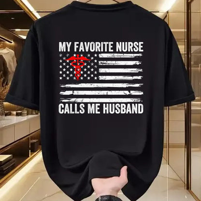 Funny Nurse Shirt, Nurse Unisex T-Shirt/Hoodie/Sweatshirt HLT00 - My Favorite Nurse Calls Me Husband American Flag Nurse Wife T-Shirt