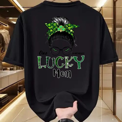 Gift for Mom Shirt, Funny Mom Unisex T-Shirt/Hoodie/Sweatshirt HLT00 - One Lucky Mom St Patricks Day Shamrock Messy Bun T-Shirt