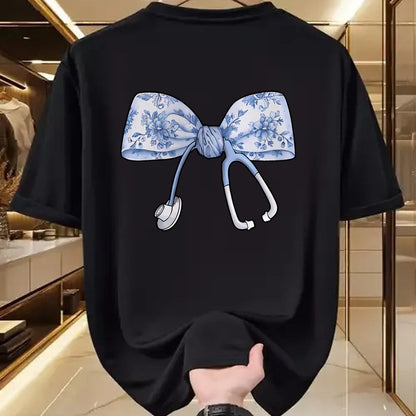 Funny Nurse Shirt, Nurse Unisex T-Shirt/Hoodie/Sweatshirt HLT00 - Floral Cute Blue Coquette Bow Stethoscope Registered Nurse T-Shirt