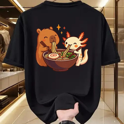Cute Capybara Shirt, Funny Capybara Unisex T-Shirt/Hoodie/Sweatshirt HLT00 - Capybara with Axolotl Eats Noodles Ramen Kawaii T-Shirt, Men, Black, 3X-Large