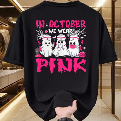 Funny Nurse Shirt, Nurse Unisex T-Shirt/Hoodie/Sweatshirt HLT00 - In October We Wear Pink Nurse Ghost Halloween Breast Cancer T-Shirt