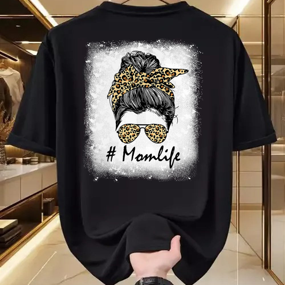 Gift for Mom Shirt, Funny Mom Unisex T-Shirt/Hoodie/Sweatshirt HLT00 - Mom Life Bleached Shirt Mom Life Leopard Messy Bun T-Shirt