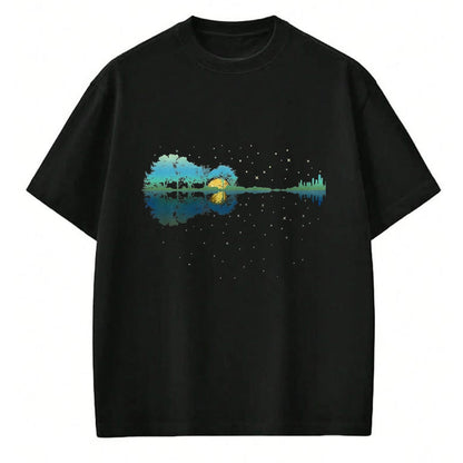 Guitar Lover Shirt, Funny Guitar UnisexT-Shirt/Hoodie/Sweatshirt HLT00 - Guitar Lake Reflections Night Sky and Moon Guitar T-Shirt, Men, Black, 3X-Large