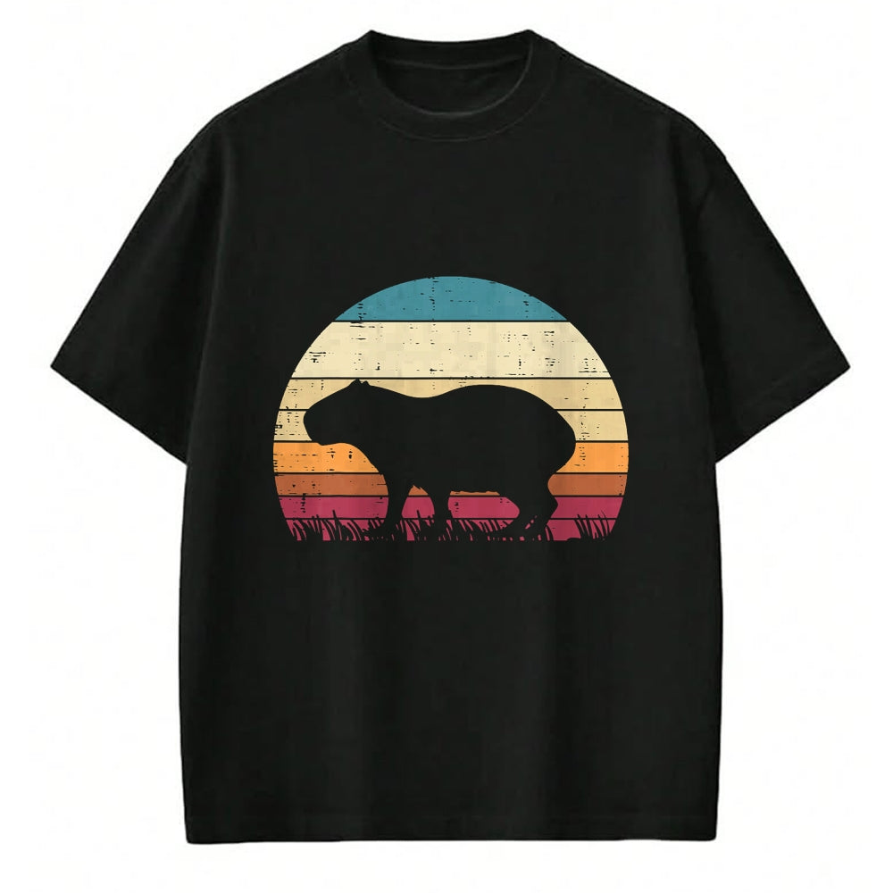 Cute Capybara Shirt, Funny Capybara Unisex T-Shirt/Hoodie/Sweatshirt HLT00 - Capybara Silhouette Sunset Retro Capy Rodent Men Women Kids T-Shirt