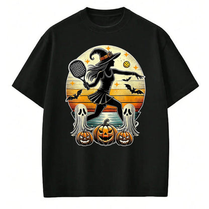 Funny Pickleball Shirt, Pickleball Lover Unisex T-Shirt/Hoodie/Sweatshirt HLT00 - Womens Pickleball Halloween Witch Playing - Jackolantern Ghost V-Neck T-Shirt