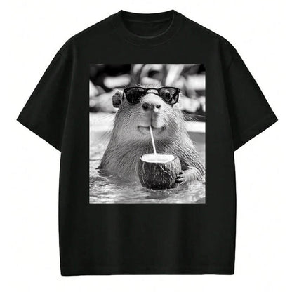 Cute Capybara Shirt, Funny Capybara Unisex T-Shirt/Hoodie/Sweatshirt HLT00 - Capybara Selfie with Sunglasses and Coconut Drink T-Shirt