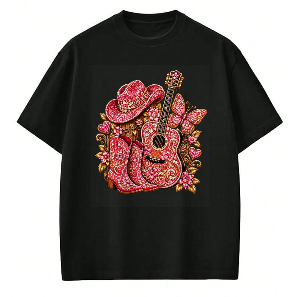 Guitar Lover Shirt, Funny Guitar UnisexT-Shirt/Hoodie/Sweatshirt HLT00 - Bedazzled Butterfly Pink Cowboy Guitar Country T-Shirt