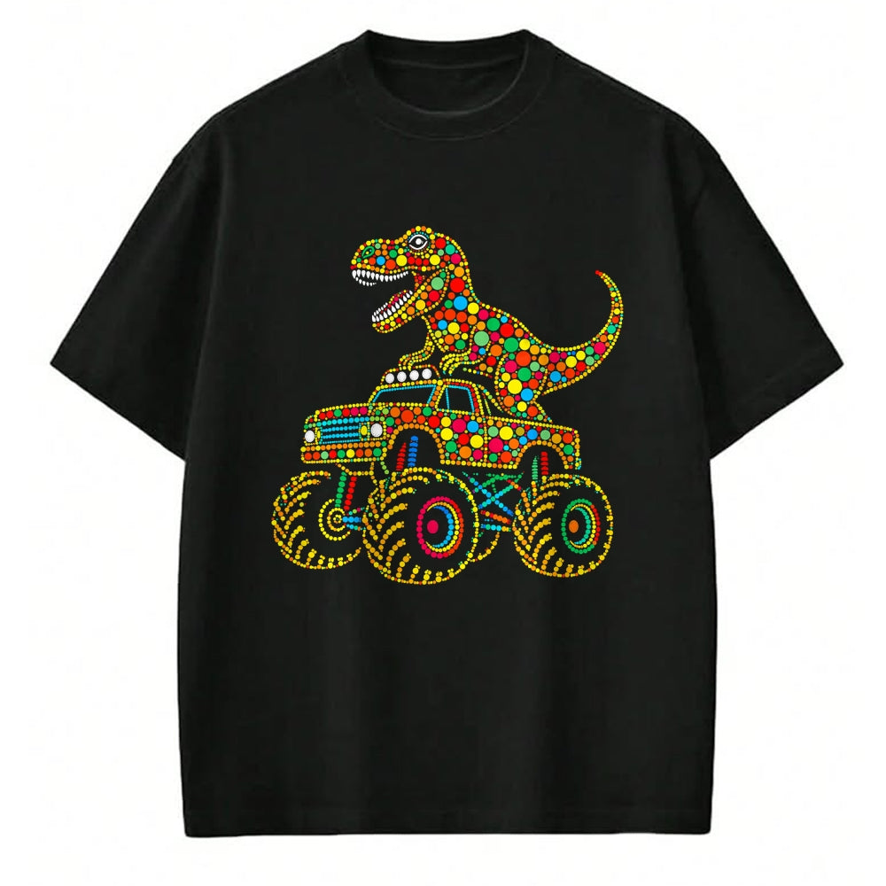 Best Dinosaur Lover Shirt, Funny Dinosaur UnisexT-Shirt/Hoodie/Sweatshirt HLT00 - Colorful Polka Dot Dinosaur Riding Monster Truck Toddler Boy T-Shirt