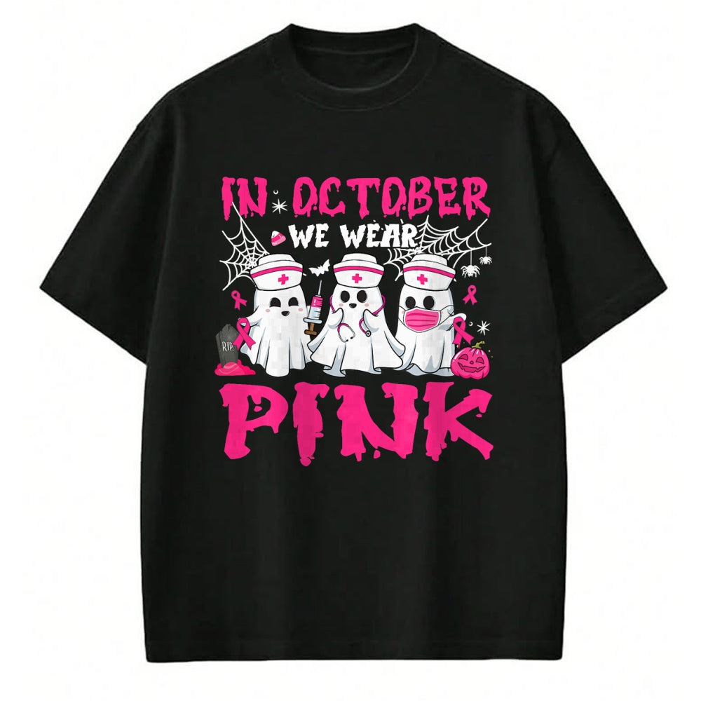 Funny Nurse Shirt, Nurse Unisex T-Shirt/Hoodie/Sweatshirt HLT00 - In October We Wear Pink Nurse Ghost Halloween Breast Cancer T-Shirt