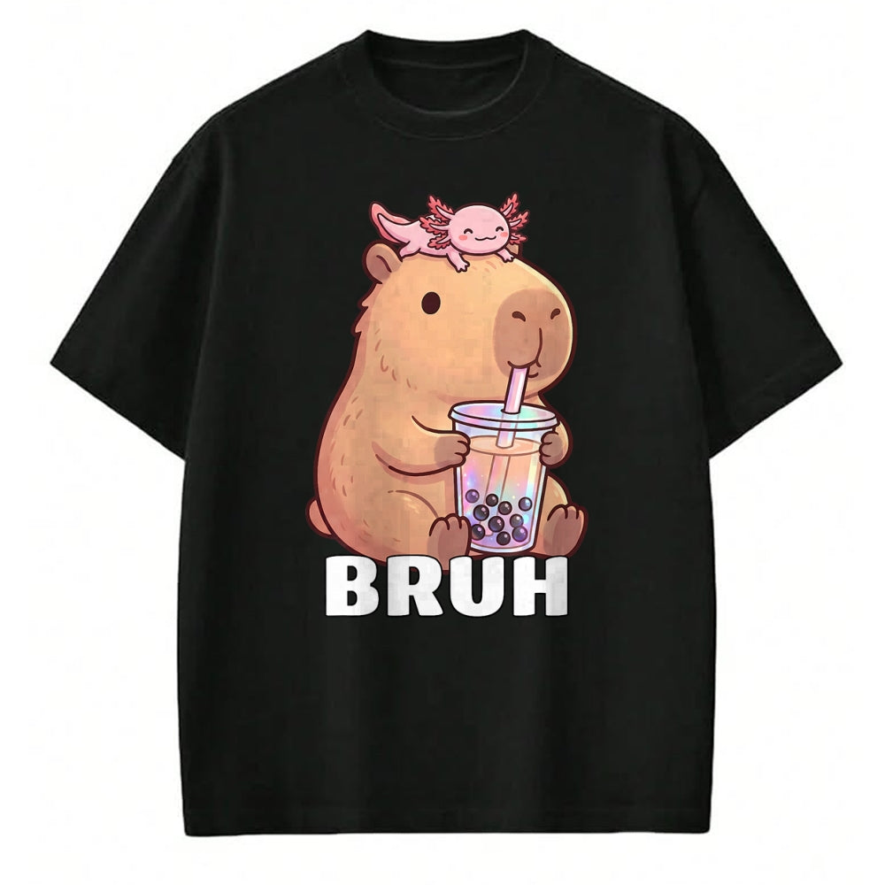 Cute Capybara Shirt, Funny Capybara Unisex T-Shirt/Hoodie/Sweatshirt HLT00 - Cute Bruh Capybara Drinking Bubble Tea Axolotl Funny Kawaii T-Shirt