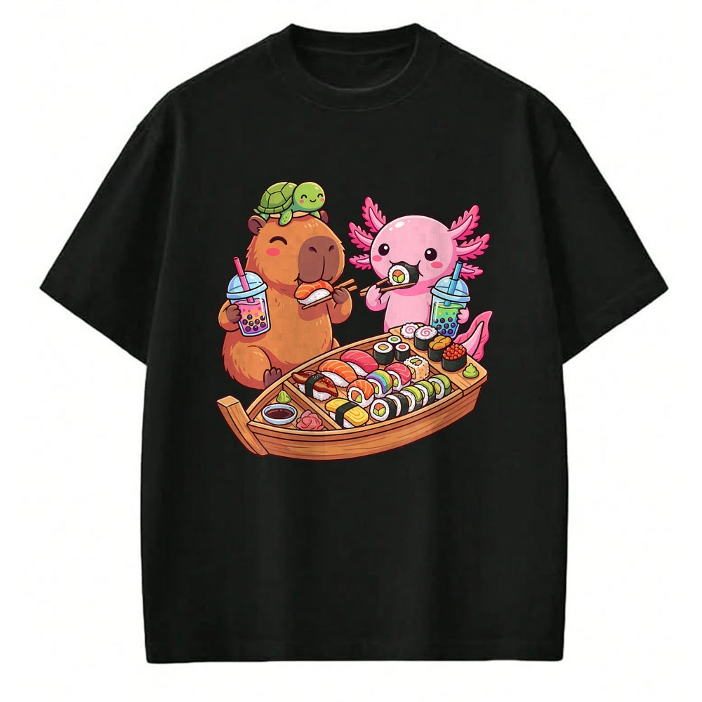 Cute Capybara Shirt, Funny Capybara Unisex T-Shirt/Hoodie/Sweatshirt HLT00 - Kawaii Capybara Axolotl Sushi Nigiri Chopsticks Anime Food T-Shirt