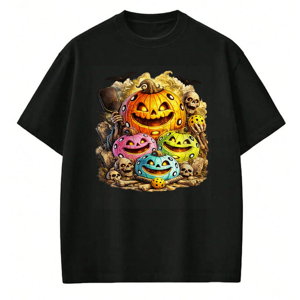 Funny Pickleball Shirt, Pickleball Lover Unisex T-Shirt/Hoodie/Sweatshirt HLT00 - Halloween Pickleball Pumpkins and Skeletons T-Shirt