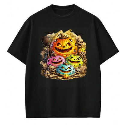Funny Pickleball Shirt, Pickleball Lover Unisex T-Shirt/Hoodie/Sweatshirt HLT00 - Halloween Pickleball Pumpkins and Skeletons T-Shirt