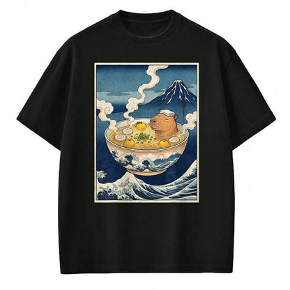 Cute Capybara Shirt, Funny Capybara Unisex T-Shirt/Hoodie/Sweatshirt HLT00 - Cute Capybara Ramen Mt Fuji Ukiyo-e Great Wave Japanese Art T-Shirt