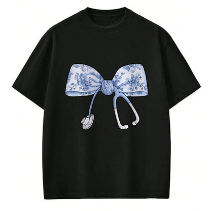 Funny Nurse Shirt, Nurse Unisex T-Shirt/Hoodie/Sweatshirt HLT00 - Floral Cute Blue Coquette Bow Stethoscope Registered Nurse T-Shirt