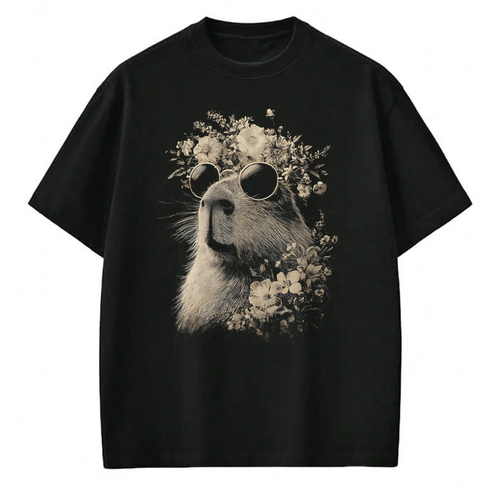 Cute Capybara Shirt, Funny Capybara Unisex T-Shirt/Hoodie/Sweatshirt HLT00 - Vintage Capybara with Sunglasses Floral Crown Boho Animal T-Shirt
