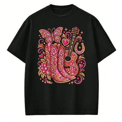 Guitar Lover Shirt, Funny Guitar UnisexT-Shirt/Hoodie/Sweatshirt HLT00 - Pink Butterfly Bling Cowgirl Guitar Western Rhinestone Cute T-Shirt