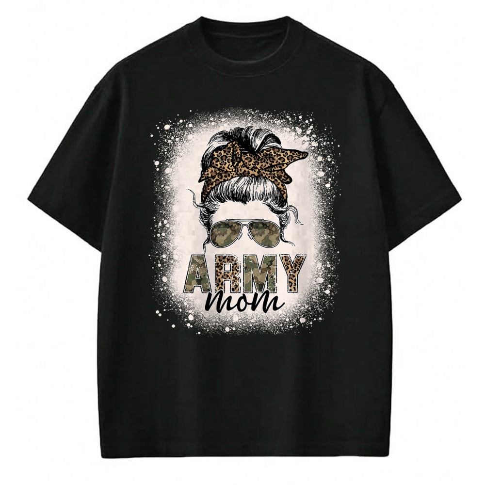 Gift for Mom Shirt, Funny Mom Unisex T-Shirt/Hoodie/Sweatshirt HLT00 - Proud Army Mom Women Leopard Camo Messy Bun Bleached T-Shirt