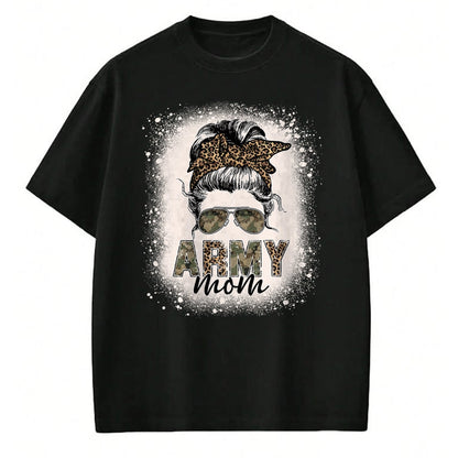 Gift for Mom Shirt, Funny Mom Unisex T-Shirt/Hoodie/Sweatshirt HLT00 - Proud Army Mom Women Leopard Camo Messy Bun Bleached T-Shirt