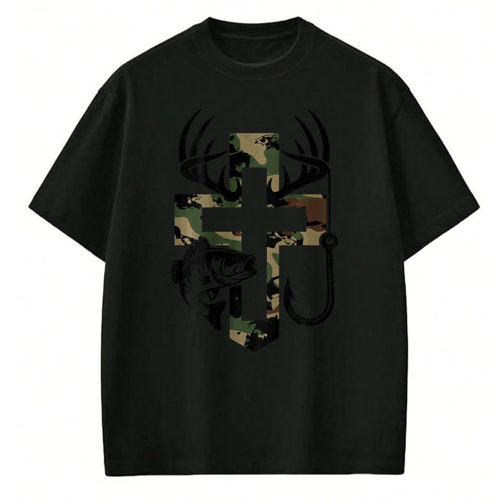 Funny Hunting Shirt, Gift For Hunting Lover Unisex T-Shirt/Hoodie/Sweatshirt HLT00 - Youth Camo Faith Hunting Fishing Cross Hook Christian Jesus T-Shirt