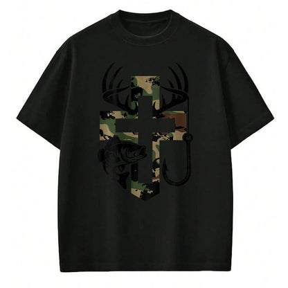 Funny Hunting Shirt, Gift For Hunting Lover Unisex T-Shirt/Hoodie/Sweatshirt HLT00 - Youth Camo Faith Hunting Fishing Cross Hook Christian Jesus T-Shirt