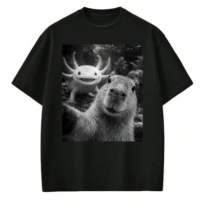 Cute Capybara Shirt, Funny Capybara Unisex T-Shirt/Hoodie/Sweatshirt HLT00 - Capybara Axolotl Selfie T-Shirt