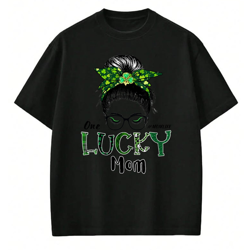 Gift for Mom Shirt, Funny Mom Unisex T-Shirt/Hoodie/Sweatshirt HLT00 - One Lucky Mom St Patricks Day Shamrock Messy Bun T-Shirt