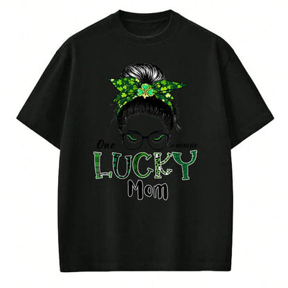 Gift for Mom Shirt, Funny Mom Unisex T-Shirt/Hoodie/Sweatshirt HLT00 - One Lucky Mom St Patricks Day Shamrock Messy Bun T-Shirt