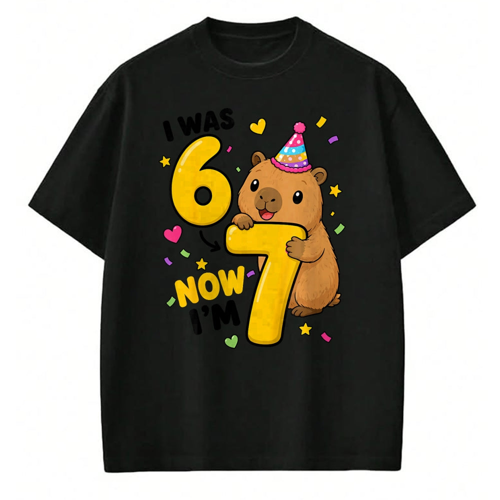 Cute Capybara Shirt, Funny Capybara Unisex T-Shirt/Hoodie/Sweatshirt HLT00 - I was 6 Now Im 7 Capybara 7th Birthday Party Cute 67 T-Shirt