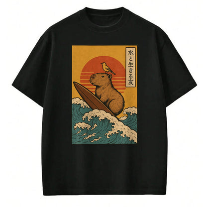 Cute Capybara Shirt, Funny Capybara Unisex T-Shirt/Hoodie/Sweatshirt HLT00 - Capybara Surfing Japanese T-Shirt