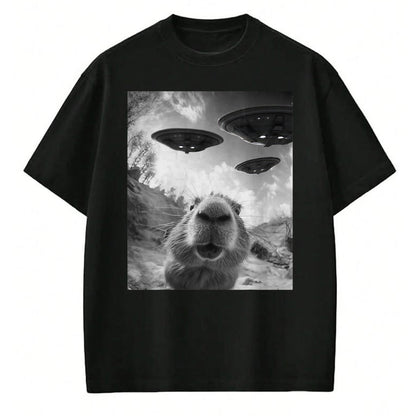 Cute Capybara Shirt, Funny Capybara Unisex T-Shirt/Hoodie/Sweatshirt HLT00 - Funny Capybara Selfie with UFOs Weird Graphic Tee Alien UFO T-Shirt