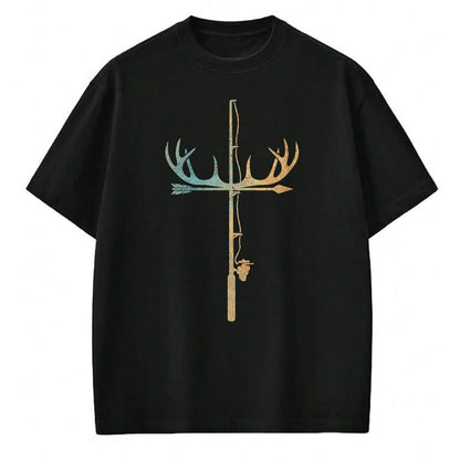 Funny Hunting Shirt, Gift For Hunting Lover Unisex T-Shirt/Hoodie/Sweatshirt HLT00 - Antler Fishing Rod Cross God Family Hunting Fishing T-Shirt