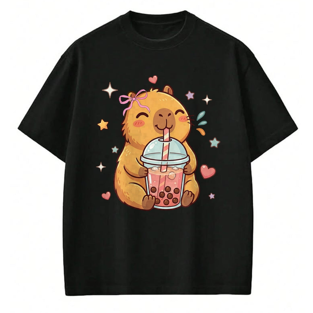 Cute Capybara Shirt, Funny Capybara Unisex T-Shirt/Hoodie/Sweatshirt HLT00 - Cute Capybara Anime Drinking Bubble Boba Tea Kawaii Girl Kid T-Shirt