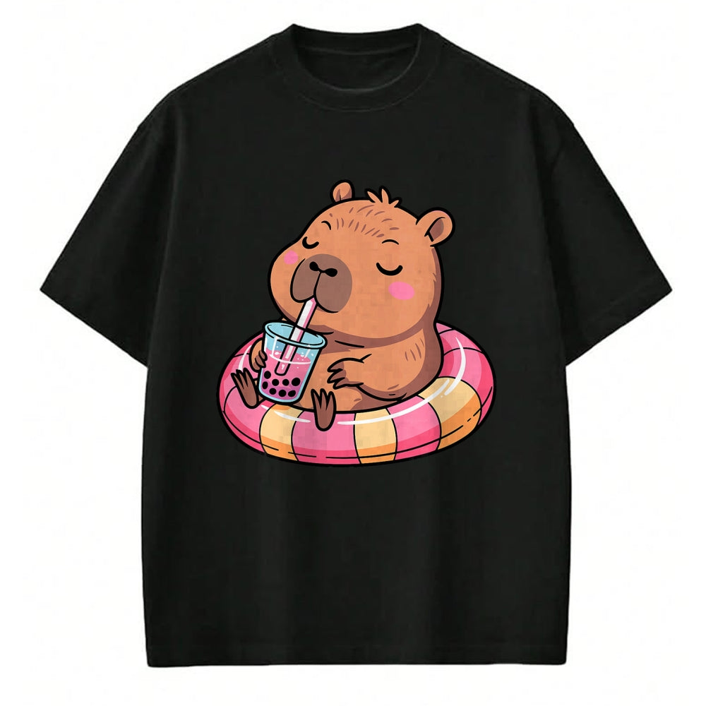 Cute Capybara Shirt, Funny Capybara Unisex T-Shirt/Hoodie/Sweatshirt HLT00 - Kawaii Capybara Bubble Tea Pool Float Teen Girls and Her Mom T-Shirt