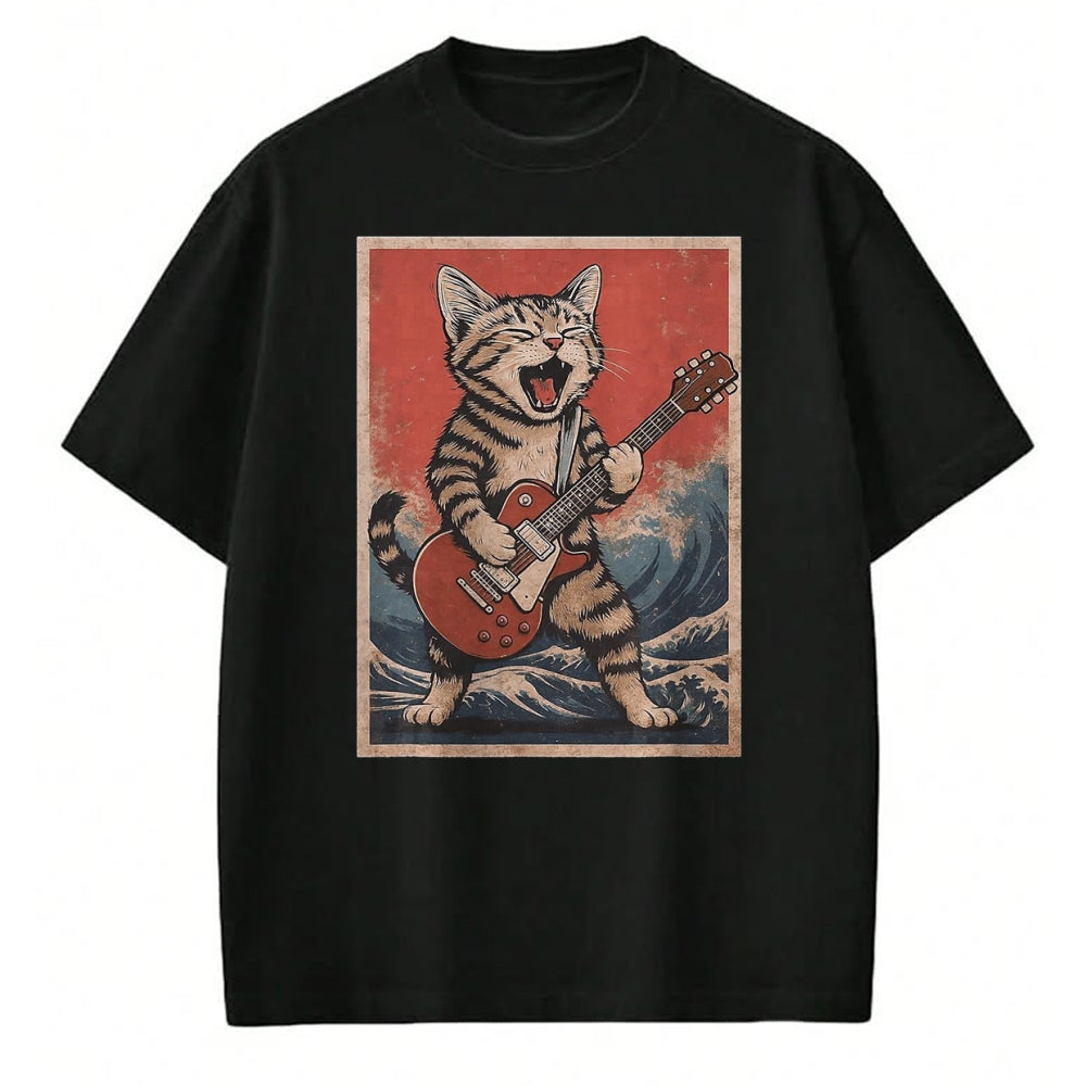 Guitar Lover Shirt, Funny Guitar UnisexT-Shirt/Hoodie/Sweatshirt HLT00 - Cat Playing Guitar Men Women Distressed Rock and Roll T-Shirt, Men, Black, Large