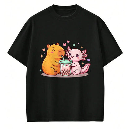 Cute Capybara Shirt, Funny Capybara Unisex T-Shirt/Hoodie/Sweatshirt HLT00 - Cute Capybara and Axolotl Bubble Tea Boba Girls Kawaii T-Shirt