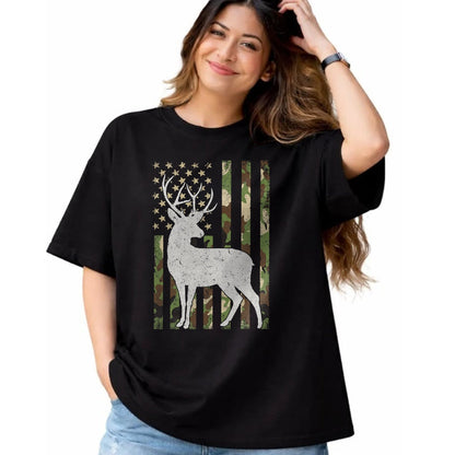 Funny Hunting Shirt, Gift For Hunting Lover Unisex T-Shirt/Hoodie/Sweatshirt HLT00 - Whitetail Buck Deer Hunting Camouflage USA Flag 4th of July T-Shirt