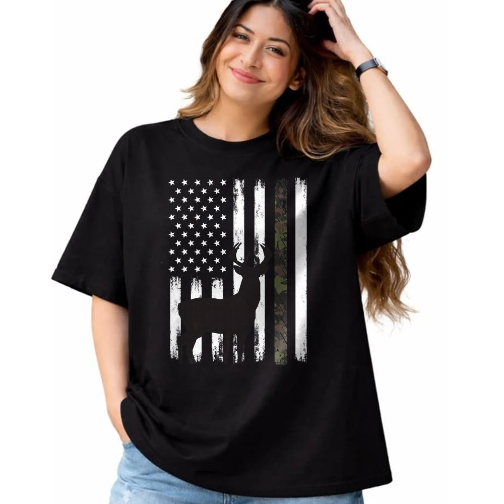 Funny Hunting Shirt, Gift For Hunting Lover Unisex T-Shirt/Hoodie/Sweatshirt HLT00 - Whitetail Deer Hunting Hunter Buck Camo American Flag USA T-Shirt