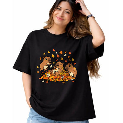 Cute Capybara Shirt, Funny Capybara Unisex T-Shirt/Hoodie/Sweatshirt HLT00 - Cute Capybara Autumn Leaves Fall Season Animal T-Shirt