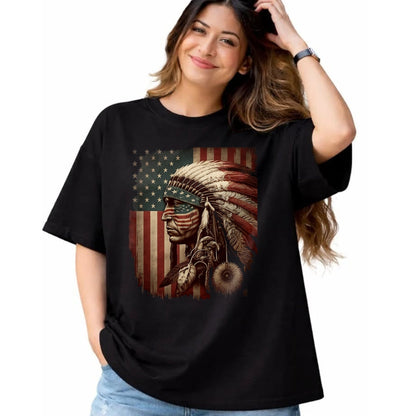 Native American T-Shirts, Vintage Native American Unisex T-Shirt/Hoodie/Sweatshirt HLT00 - Native American Indian Chief American USA Flag (1)