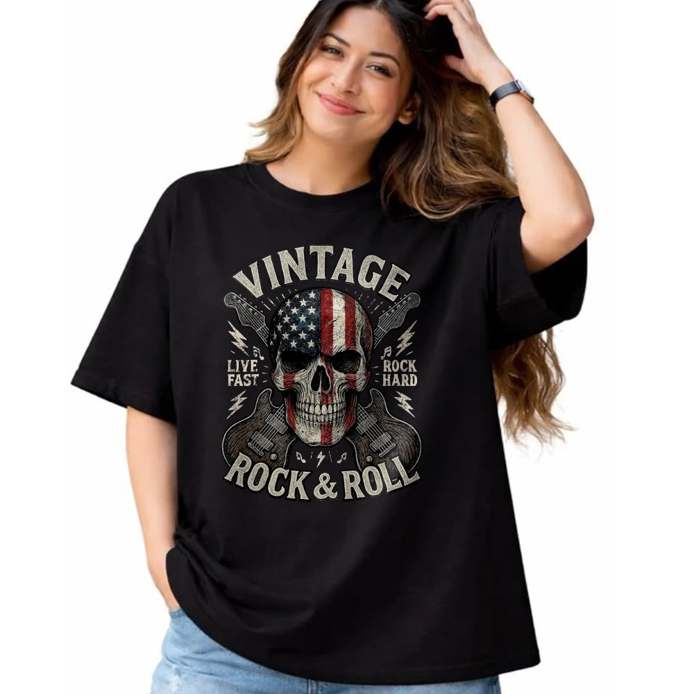 Guitar Lover Shirt, Funny Guitar UnisexT-Shirt/Hoodie/Sweatshirt HLT00 - Vintage Rock Skull American Flag Guitar Retro Rock and Roll T-Shirt, Men, Black, Large