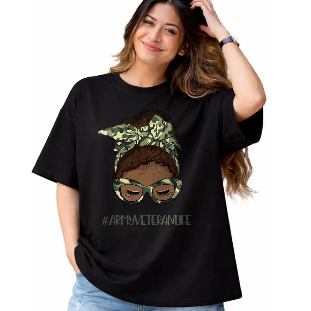 Proud Veteran Shirt, Funny Veteran UnisexT-Shirt/Hoodie/Sweatshirt HLT00 - African American Army Veteran Female Afro Melanin Girl T-Shirt, Men, Black, 3X-Large