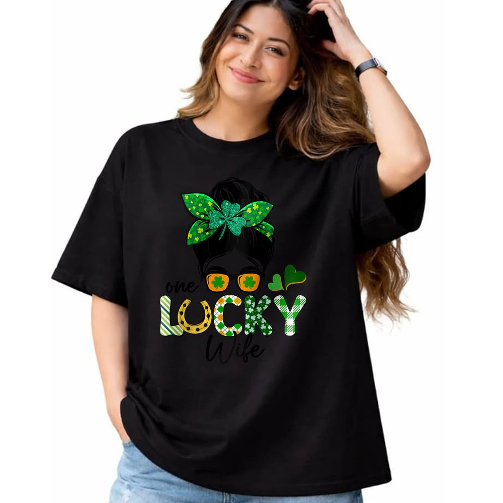 Best Wife Shirt, Wife and Husband Unisex T-Shirt/Hoodie/Sweatshirt HLT00 - Gift for wife T shirt, lucky wife   Womens One Lucky Wife Messy Bun Irish St Patricks Day Shamrock R