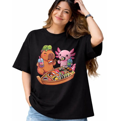 Cute Capybara Shirt, Funny Capybara Unisex T-Shirt/Hoodie/Sweatshirt HLT00 - Kawaii Capybara Axolotl Sushi Nigiri Chopsticks Anime Food T-Shirt